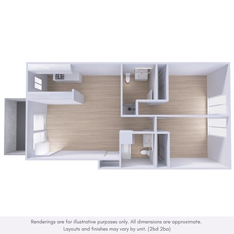 Floor plan for 2 beds, 2 baths, 1000 sqft